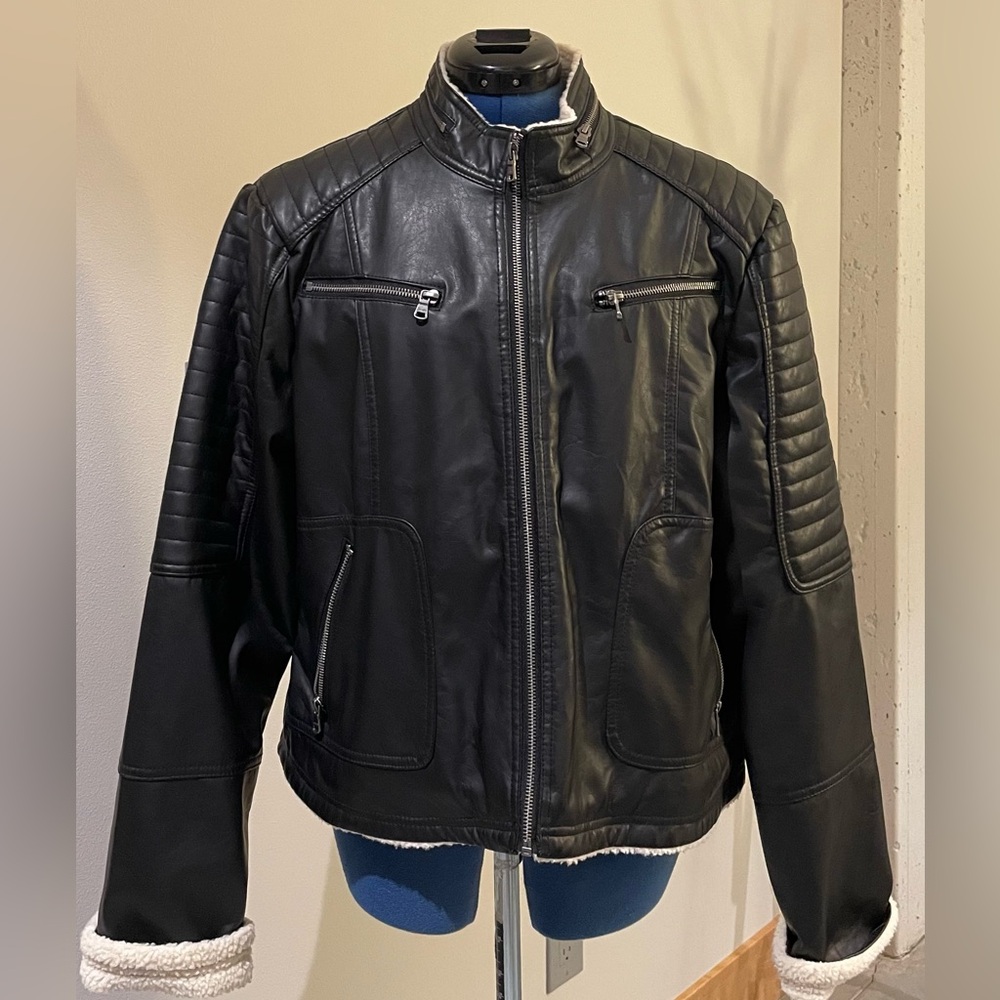 Chaps Black Pleather Leather Motorcycle Jacket with Shearling Trim